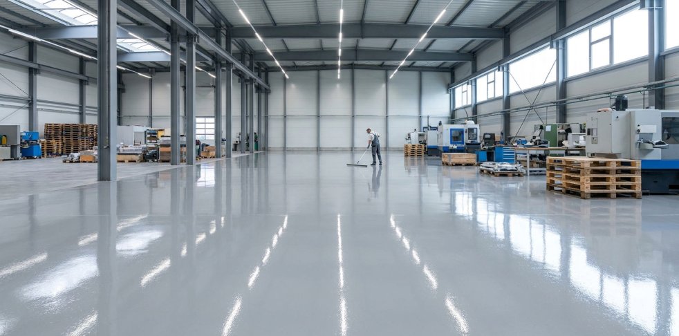 Worker mopping a glossy epoxy-coated industrial warehouse floor with machinery and pallets nearby