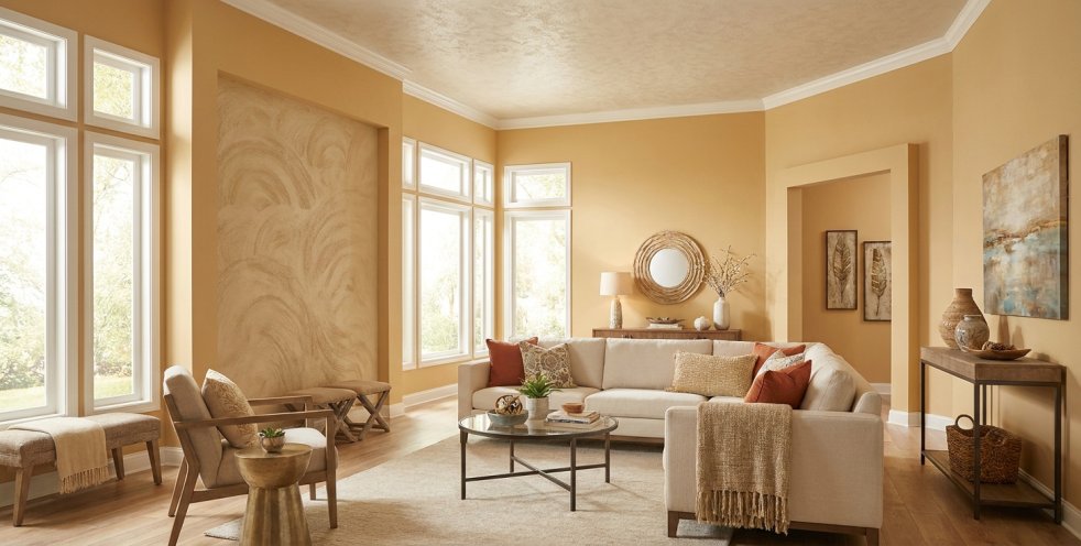 Bright living room with textured accent wall, beige sofa, and large windows