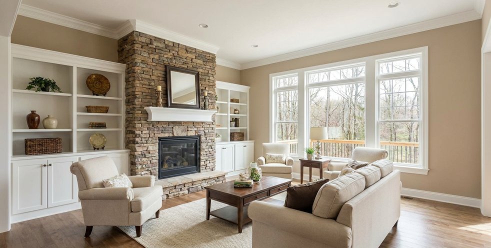 Bright living room with tan walls, stone fireplace, and beige furniture in a Tennessee home