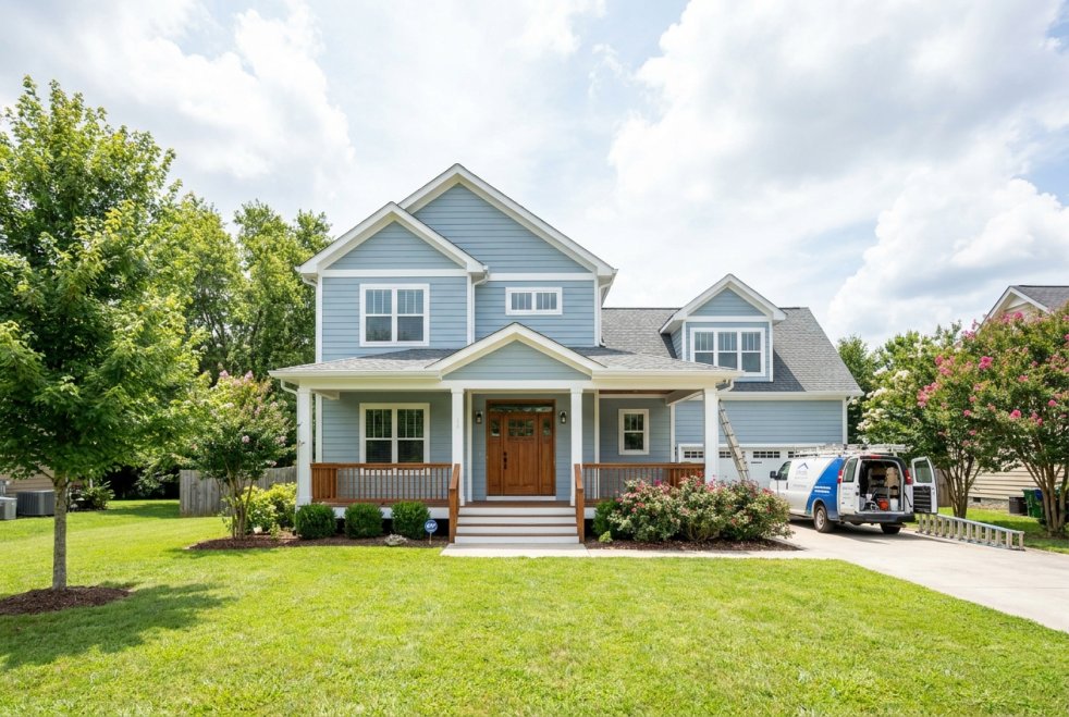 Blue two-story house with fresh exterior paint and painting van in the driveway