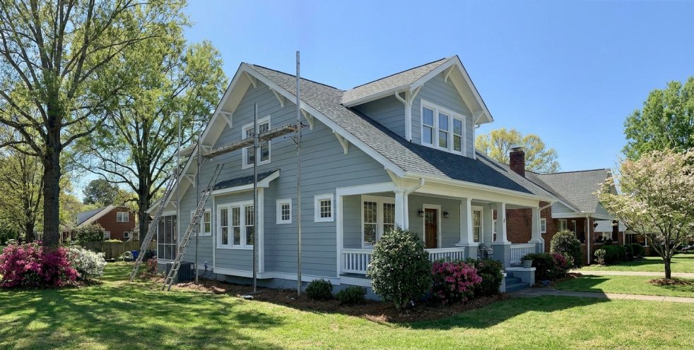 Freshly painted gray house with scaffolding in a landscaped Athens, Tennessee neighborhood