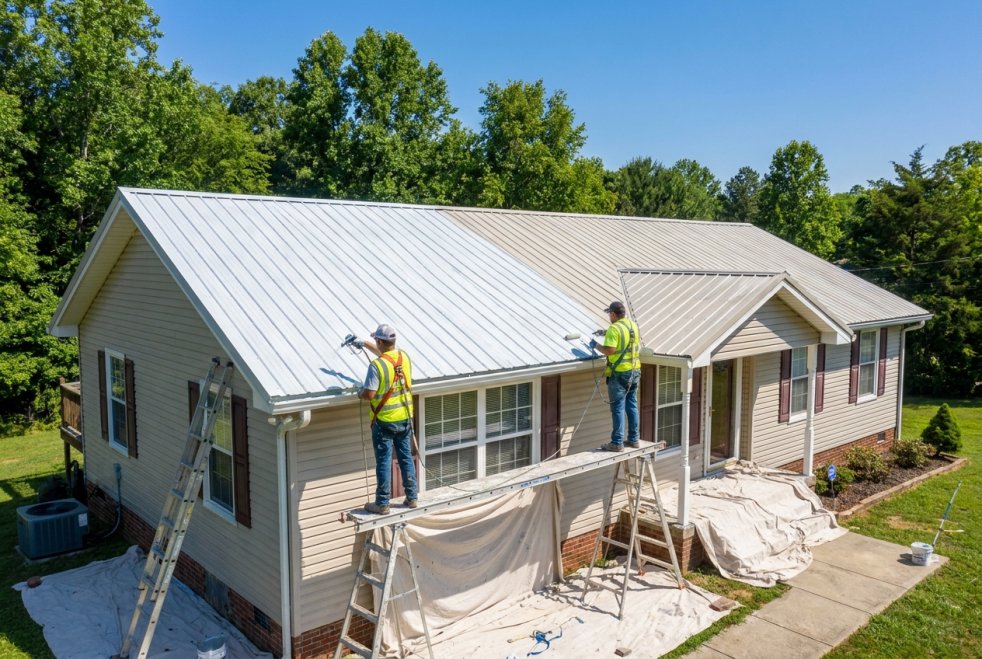 Workers painting a house roof in Athens, Tennessee