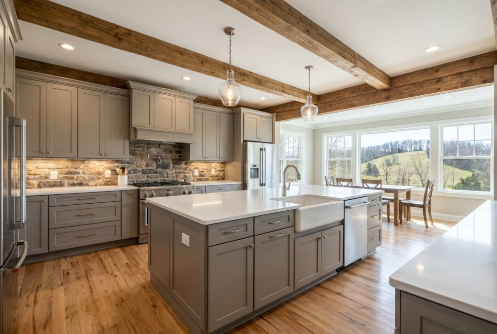 Spacious Tennessee kitchen with freshly refinished gray cabinets, island, and rustic wood beams
